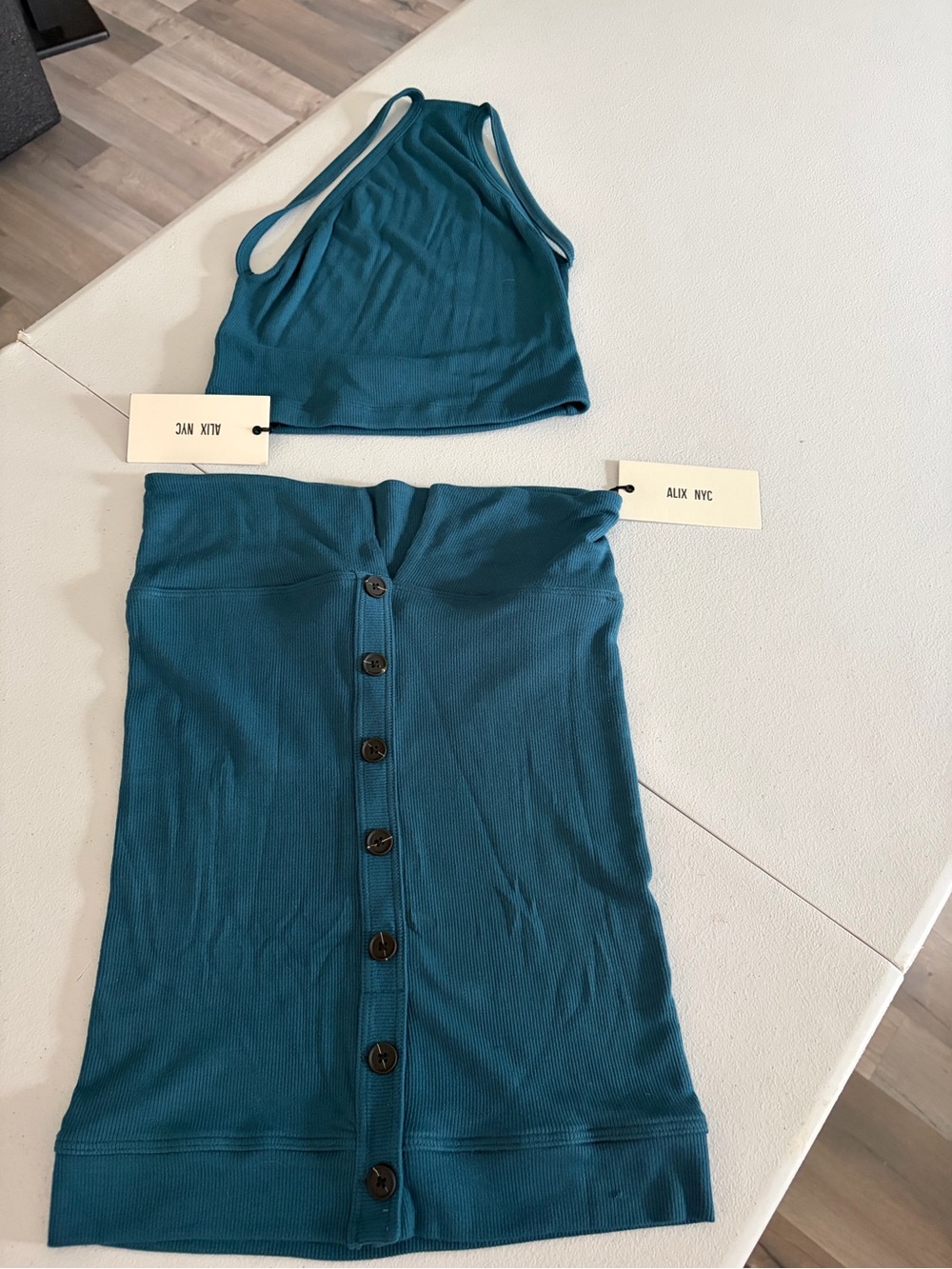 NWT. Aritzia Teal Ribbed Button-Front Mini Skirt